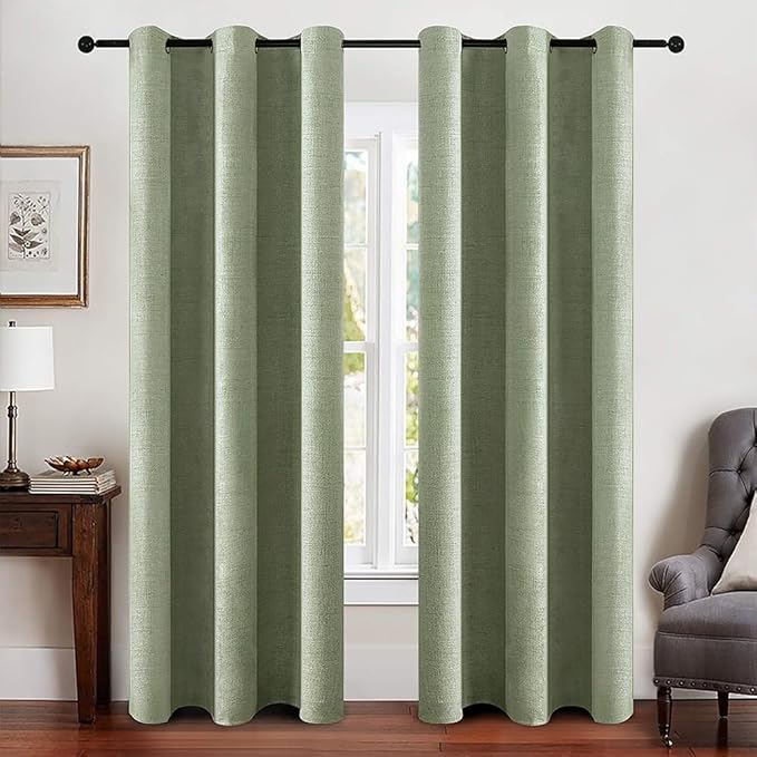 MIULEE Linen Blackout Curtains and Drapes 100% Room Darken Thermal Insulated Grommet Window Panels with Coating 2 PCs W 42 x L 84 inches Sage Green