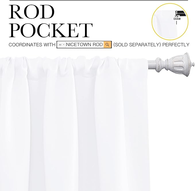 NICETOWN White Bedroom Curtain Panels - Multi-Function Noise Reducing Performance Window Treatment Thermal Insulated Rod Pocket Room Darkening Drapes for Nursery (2 Panels, 52 by 84)