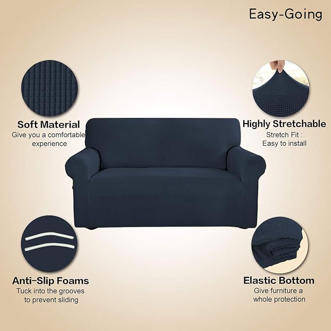 Easy-Going Stretch 4 Seater Sofa Slipcover 1-Piece Sofa Cover Furniture Protector Couch Soft with Elastic Bottom for Kids, Polyester Spandex Jacquard Fabric Small Checks Dark Blue