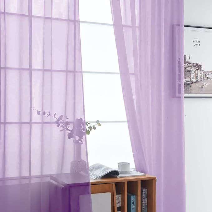 SpaceDresser Lavender Sheer Curtains 4 Panels Rod Pocket Semi-Sheer Curtain 96 Inches Long Light Filtering Voile Window Drapes for Bedroom Living Room Kitchen, Each 52W x 96L