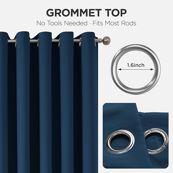 Joydeco Blackout Patio Sliding Door Curtains 108 Inches Long, Grommet Privacy Room Divider Curtains, Extra Wide Thermal Blackout Drapes for Bedroom Living Room (Navy Blue, 70Wx108L, 1 Panel)