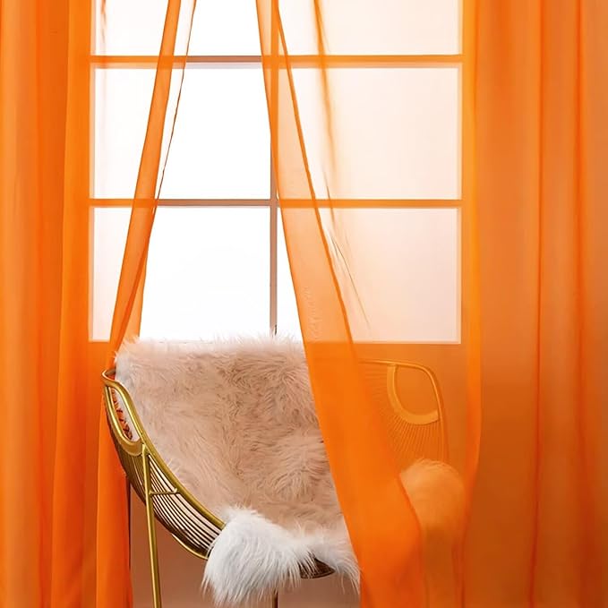 SpaceDresser Orange Sheer Curtains 4 Panels Rod Pocket Semi-Sheer Curtain 45 Inches Long Light Filtering Voile Window Drapes for Bedroom Living Room Kitchen, Each 52W x 45L