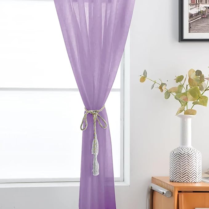 SpaceDresser Lavender Sheer Curtains 4 Panels Rod Pocket Semi-Sheer Curtain 90 Inches Long Light Filtering Voile Window Drapes for Bedroom Living Room Kitchen, Each 52W x 90L
