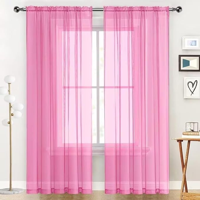 SpaceDresser Basic Rod Pocket Sheer Voile Window Curtain Panels Pink 1 Pair 2 Panels 52 Width 63 Inch Long for Kitchen Bedroom Children Living Room Yard（Pink, 52W x 63L）