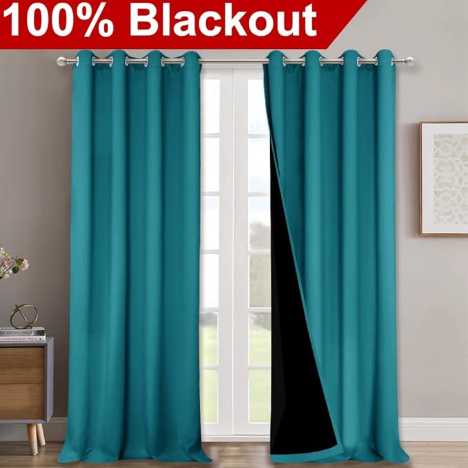 NICETOWN Full Shading Curtains for Windows, Super Heavy-Duty Black Lined Blackout Curtains for Bedroom, Privacy Assured Window Treatment (Peacock Teal, Pack of 2, 52 inches W x 95 inches L)