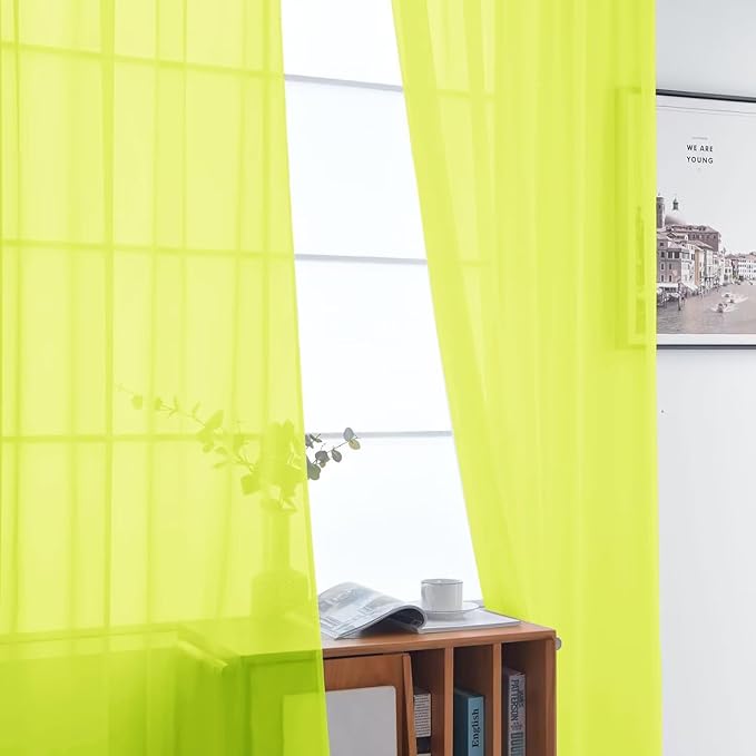 SpaceDresser Basic Rod Pocket Sheer Voile Window Curtain Panels Chartreuse 1 Pair 2 Panels 52 Width 90 Inch Long for Kitchen Bedroom Children Living Room Yard（Chartreuse, 52W x 90L）