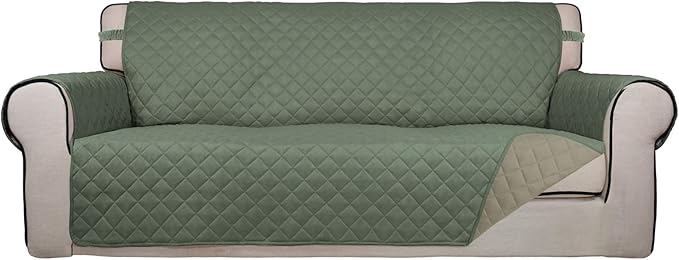 PureFit Reversible Quilted Sofa Cover, Water Resistant Slipcover Furniture Protector, Washable Couch Cover with Non Slip and Elastic Straps for Kids, Dogs, Pets (Sofa, Greyish Green/Beige)