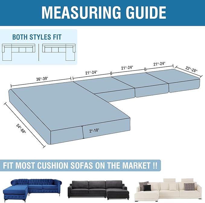 Couch Cover 6-Piece Elastic Velvet Couch Cushion Covers & Chaise Slipcovers for L-Shaped Sofas, Sofa Seat Covers Washable, Soft Cover for Couches (5 Seater + Chaise, Berlin Blue)