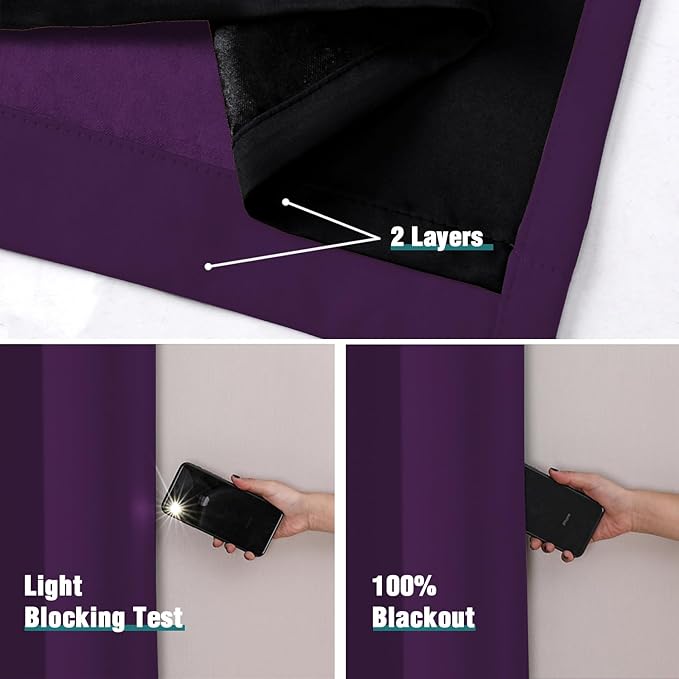 ChrisDowa 100% Blackout Curtains for Bedroom with Black Liner, 2 Thick Layers Total Blackout Thermal Insulated Grommet Long Window Curtains 2 Panels Set (Royal Purple, 52 x 95 Inch)