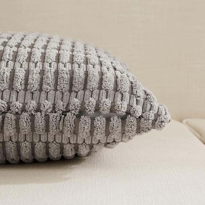 Fancy Homi 4 Packs Neutral Long Lumbar Decorative Throw Pillow Covers 16x24 Inch for Living Room Couch Bed, Boho Home Decor, Soft Striped Corduroy Rectangle Accent Grey Cushion Case 40x60 cm