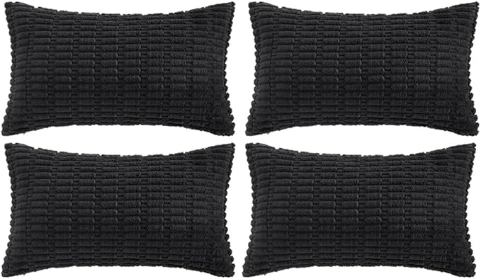 Fancy Homi 4 Packs Boho Black Decorative Throw Pillow Covers 14x24 Inch for Living Room Couch Bed Sofa, Rustic Modern Farmhouse Home Decor, Soft Plush Corduroy Cute Square Cushion Case 35x60 cm