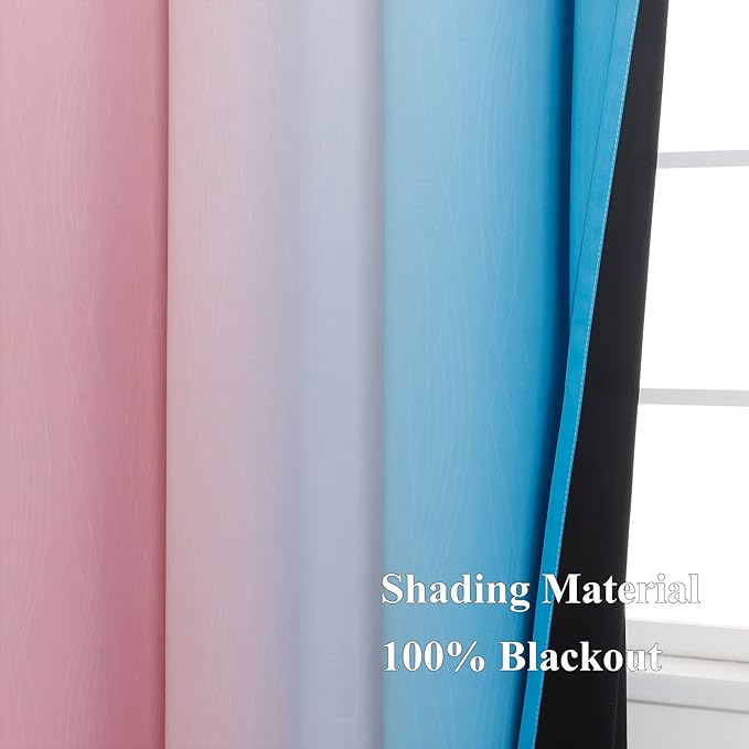 Ombre Pink and Blue Blackout Curtains 54 Inches Long, Full Light Blocking Curtains for Bedroom, Wavy Line Pattern Grommet Thermal Insulated Gradient Drapes for Living Room,52x54 Inch, 2 Panels