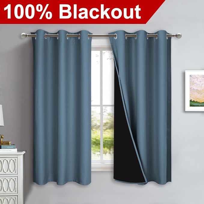 NICETOWN 100% Blackout Curtains 54 inches Long, Smoky Blue, 1 Pair, 42 inches Width Each Panel, 2 Thick Layers Completely Blackout Window Treatment Thermal Insulated Lined Drapes for Small Window