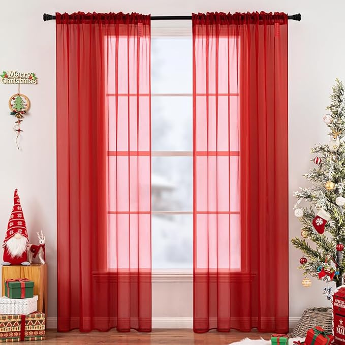 MIULEE 2 Panels Red Solid Color Sheer Christmas Window Curtains Elegant Window Voile Panels/Drapes/Treatment for Bedroom Living Room (54X63 Inches)