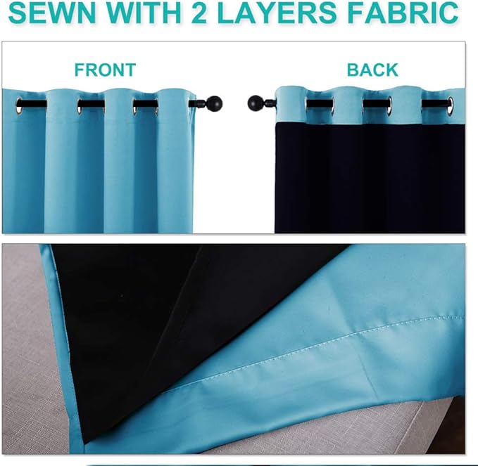NICETOWN 100% Blackout Short Curtains with Black Liners, 2 Panels, 37" W by 60" L, Teal Blue, Solid Thermal Insulated Full Blackout 2-Layer Lined Drapes, Energy Efficiency Window Draperies for Bedroom