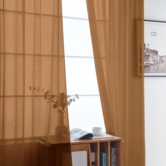 SpaceDresser Basic Rod Pocket Sheer Voile Window Curtain Panels Light Brown 1 Pair 2 Panels 52 Width 84 Inch Long for Kitchen Bedroom Children Living Room Yard（Light Brown, 52W x 84L）