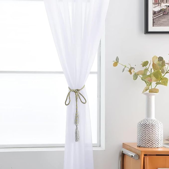 SpaceDresser Optical White Sheer Curtains 4 Panels Rod Pocket Semi-Sheer Curtain 108 Inches Long Light Filtering Voile Window Drapes for Bedroom Living Room Kitchen, Each 52W x 108L