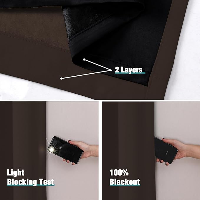 ChrisDowa 100% Blackout Curtains 108 inch Long for Bedroom with Black Liner, 2 Thick Layers Total Blackout Thermal Insulated Grommet Window Curtains 2 Panels Set (Brown, 52 x 108 Inch)