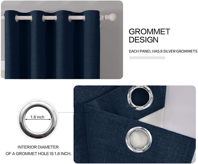MIULEE 100% Blackout Linen Textured Curtains for Bedroom Solid Thermal Insulated Midnight Blue Grommet Room Darkening Curtains & Drapes Luxury Decor for Living Room Nursery 52 x 96 Inch (2 Panels)