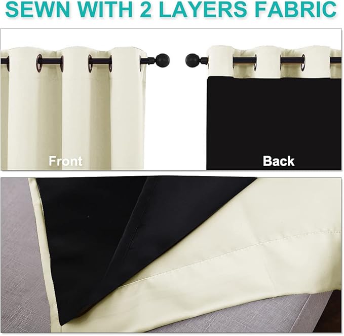 NICETOWN Living Room Completely Shaded Draperies, Privacy Protection & Noise Reducing Ring Top Drapes, Black Lined Insulated Window Treatment Curtain Panels (Beige, 2 Pieces, W55 x L78)