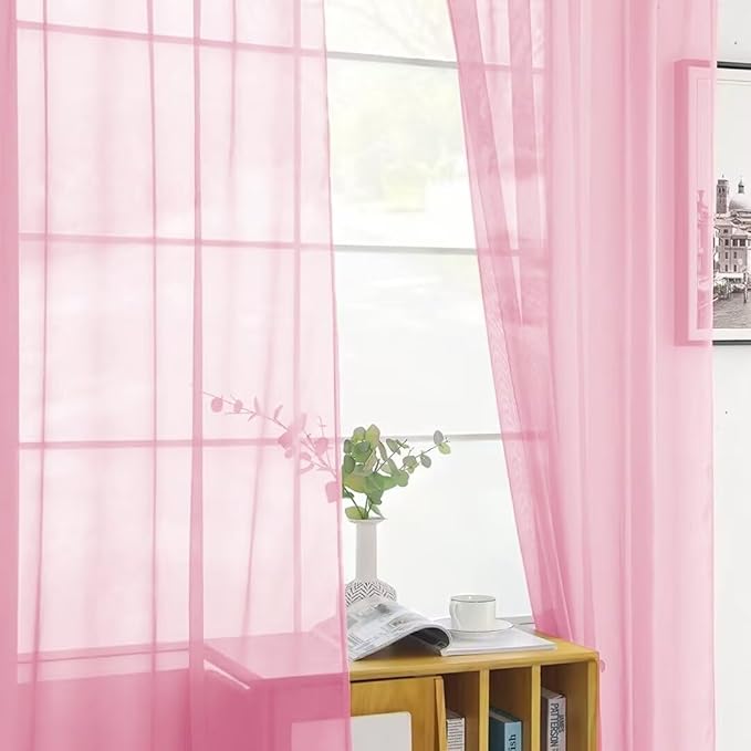 SpaceDresser Sheer Voile Window Treatment Rod Pocket Curtain Panels for Kitchen Bedroom Living Room Drapes Sunlight Filtering Privacy Semi Home Decor Assorted (Light Pink, 52 W x 72 L)