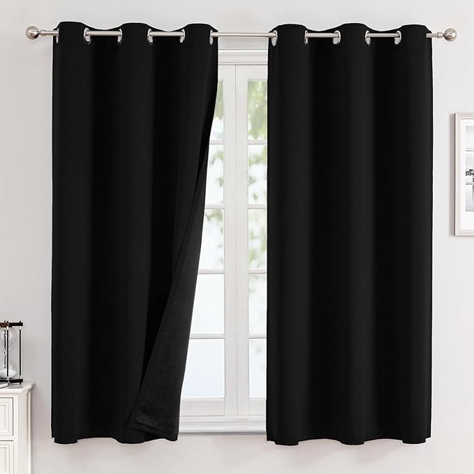 ChrisDowa 100% Blackout Curtains for Bedroom with Black Liner, 2 Thick Layers Total Blackout Thermal Insulated Grommet Small Window Curtains 2 Panels Set (Black, 42 x 54 Inch)