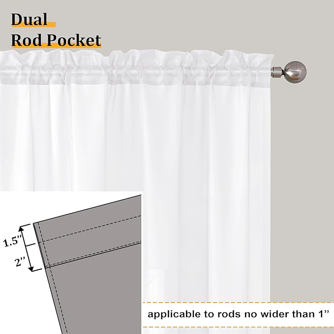 Aiyufeng White Sheer Curtains for Living Room 45 inch Length 2 Panels Set, Rod Pocket Semitransparent Balance Privacy & Light Vertical Sheer Drapes for Bedroom, W40 x L45