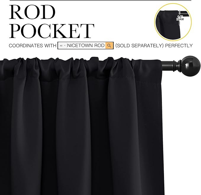 NICETOWN Black Blackout Curtain Blinds - Solid Thermal Insulated Window Treatment Blackout Drapes for Bedroom (2 Panels, 62 inches Wide by 84 inches Long)