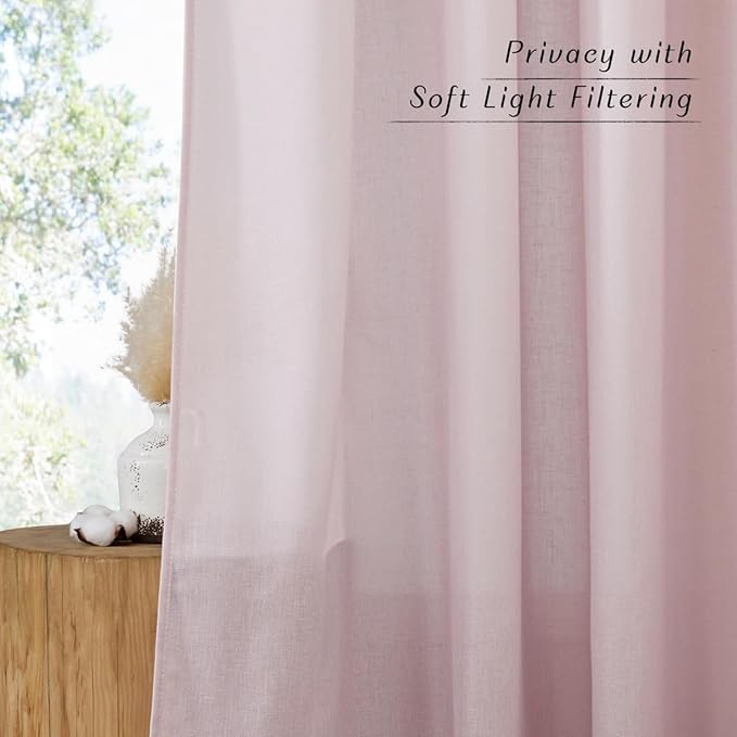 NICETOWN Blush Pink Linen Curtains for Kitchen, Thick Flax Small Window Treatments Semi Sheer Privacy Assured with Light Through for Cafe/Bathroom, W34 x L96, 2 Panels