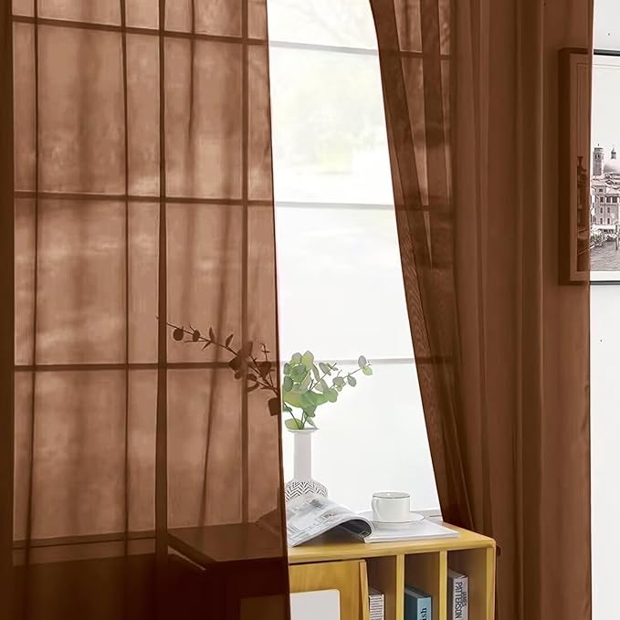 SpaceDresser Brown Sheer Curtains 4 Panels Rod Pocket Semi-Sheer Curtain 72 Inches Long Light Filtering Voile Window Drapes for Bedroom Living Room Kitchen, Each 52W x 72L