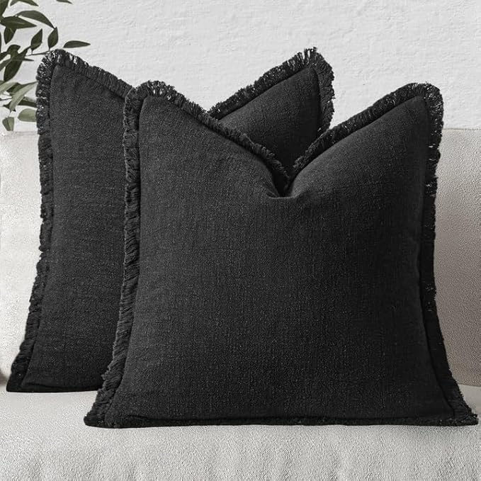 MIULEE Decorative Throw Pillow Covers Neutral Linen Fringe Throw Pillows Set of 2 Black Boho Farmhouse Cushion Covers with Tassels for Couch Sofa Bed Living Room Spring Home Decor 18x18 Inch