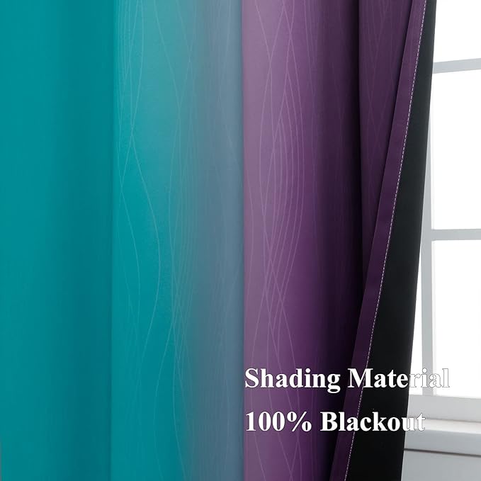 Teal Blackout Curtains 84 Inches Long, Ombre Purple Blackout Curtains for Bedroom, Grommet Thermal Insulated Gradient Drapes, Full Light Blocking Curtains for Kids Room,42x84 Inch, 2 Panels
