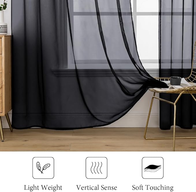 MIULEE 2 Panels Solid Color Sheer Window Curtains Elegant Halloween Window Voile Panels/Drapes/Treatment for Bedroom Living Room (54 X 84 Inches Black)