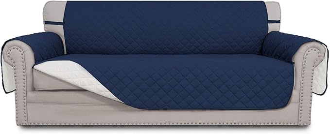 Easy-Going Reversible Couch Cover for 3 Cushion Couch Sofa Cover for Dogs Water Resistant Furniture Protector Cover with Foam Sticks Elastic Straps for Pet Cat (Sofa, Navy/Ivory)