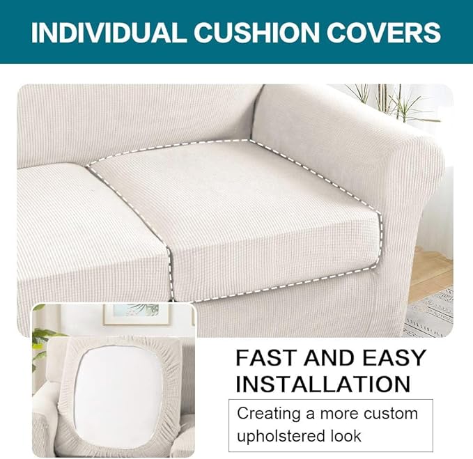 Turquoize 4 Piece Sofa Covers for 3 Cushion Couch Sofa Slipcover Soft Couch Cover for Dogs-Washable Sofa Furniture Covers with 3 Individual Cushion Covers, Jacquard Fabric (3 Cushion Sofa, Ivory)
