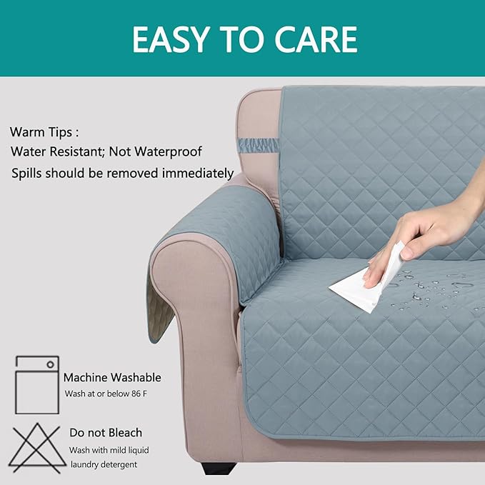 U-NICE HOME Loveseat Sofa Cover Reversible Couch Cover for Dogs Pets with Elastic Straps Water Resistant Furniture Protector for 2 Cushion Couch (Loveseat, Light Blue/Beige)