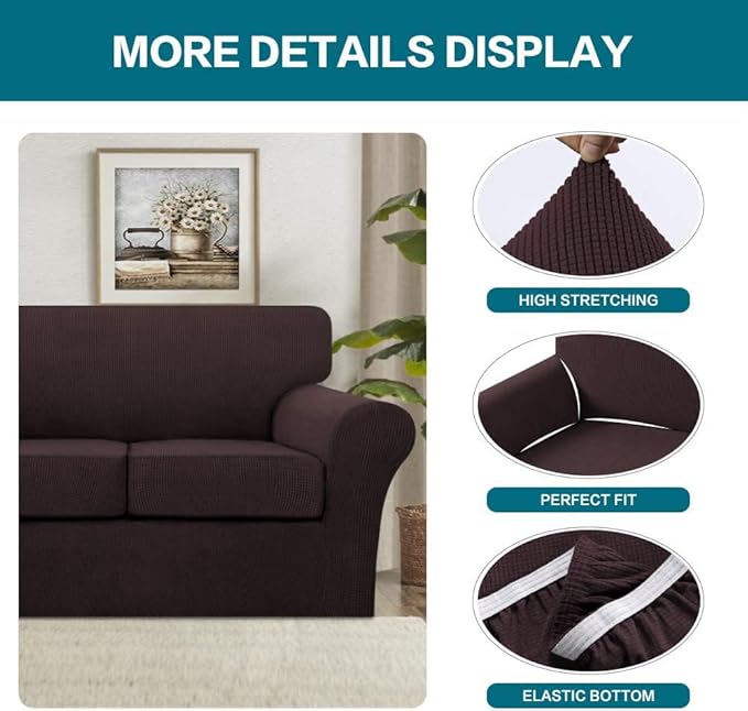 Turquoize 3 Piece Sofa Covers for 2 Cushion Couch Sofa Slipcover Soft Couch Cover for Dogs-Washable Sofa Furniture Covers with 2 Individual Cushion Covers, Thick Jacquard Fabric (Loveseat, Brown)