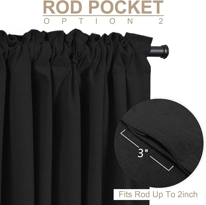 100% Blackout Shield Linen Blackout Curtains for Bedroom 102 Inches Long, Back Tab/Rod Pocket Living Room Drapes, Thermal Insulated Blackout Curtains 2 Panels Set, 50" W x 102" L, Black