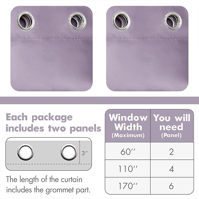 MIULEE Blackout Curtains 96 Inches Long for Bedroom Living Room Thermal Insulated Room Darkening Grommet Top Solid Light Blocking Drapery Set of 2 Window Panels Lilac