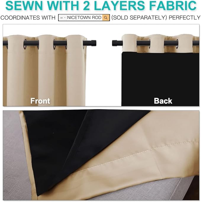 NICETOWN Bedroom Full Blackout Curtain Panels, Super Thick Insulated Window Covers, Complete Blackout Draperies with Black Liner for Short Window(Biscotti Beige, Set of 2 PCs, 52 by 63-inch)