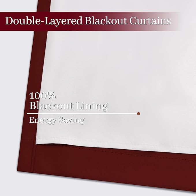 Yakamok Room Darkening 100% Blackout Curtains Grommet Window Treatments with 2 Thick Layers-Burgundy Red Thermal Insulated Drapes Set of 2 Panels for Bedroom Living Room 52 Inches by 96 Inches Length