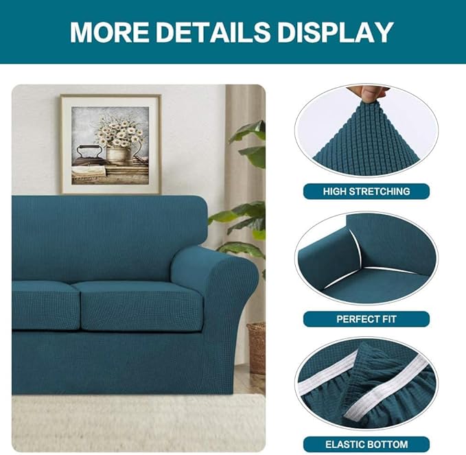 Turquoize 4 Piece Sofa Covers for 3 Cushion Couch Sofa Slipcover Soft Couch Cover for Dogs-Washable Sofa Furniture Covers with 3 Individual Cushion Covers, Jacquard Fabric (3 Cushion Sofa, Deep Teal)