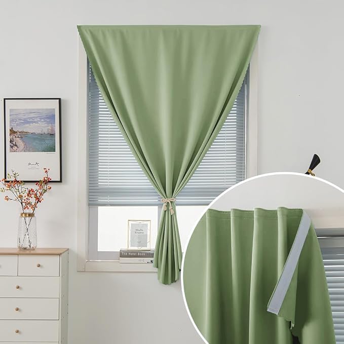 Magic Tape Blackout Curtains for Bedroom No Drillng Self Adhesive Curtains No Rod Small Window, 59" W X 84" L, Sage Green, 1 Panel
