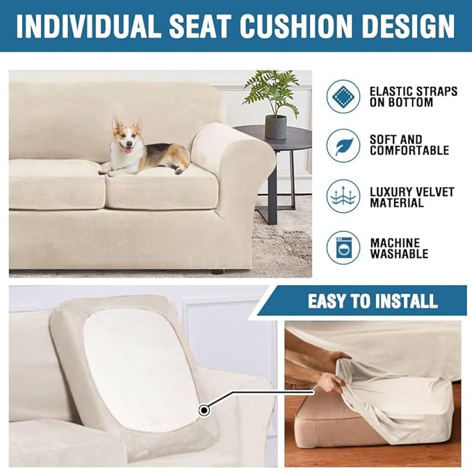 H.VERSAILTEX High Stretch Sofa Slipcover 4 Piece Cover Velvet Furniture Protector Form Fit Thick Velvet Extra Large Sofa Cover for 3 Cushion Couch Width Up to 97 Inch (Large Sofa, Cream)