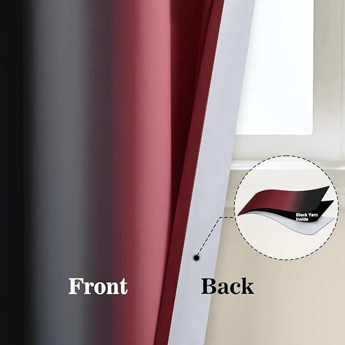 Yakamok Blackout Ombre Burgundy and Black Curtains for Bedroom, Gradient Room Darkening Curtains, Grommet Thermal Insulated Light Blocking Window Drapes/Curtain for Living Room,52 x 36 Inch,2 Panels