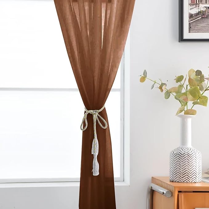 SpaceDresser Brown Sheer Curtains 4 Panels Rod Pocket Semi-Sheer Curtain 72 Inches Long Light Filtering Voile Window Drapes for Bedroom Living Room Kitchen, Each 52W x 72L