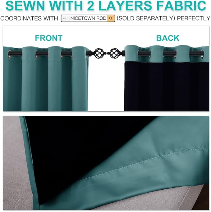 NICETOWN 100% Blackout Blinds, Laundry Room Decor Window Treatment Curtains, Thermal Insulated Energy Smart Drapes for Villa, Hall and Studio, Sea Teal, Set of 2, 70 inches by 95 inches