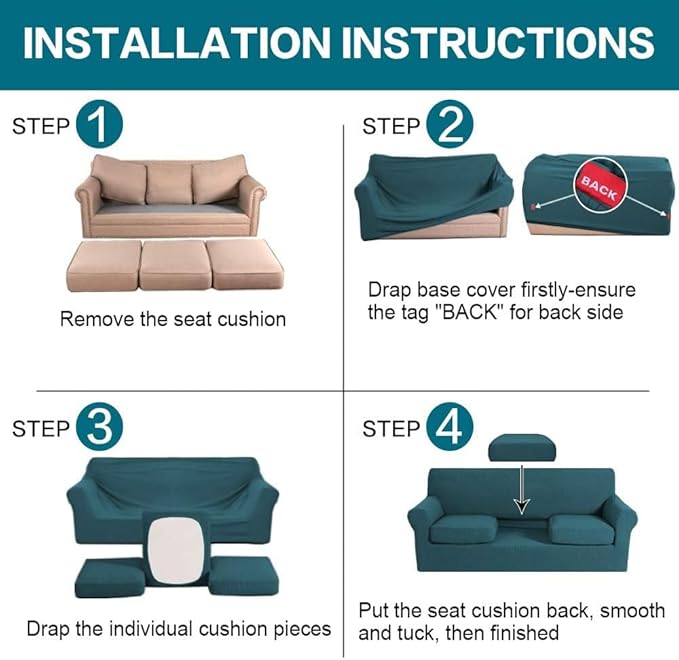 Turquoize 4 Piece Sofa Covers for 3 Cushion Couch Sofa Slipcover Soft Couch Cover for Dogs-Washable Sofa Furniture Covers with 3 Individual Large Cushion Covers Jacquard Fabric(XL Sofa,Deep Teal)