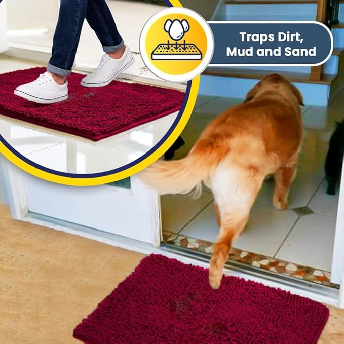 Muddy Mat® | Super Absorbent Door Mat Indoor, Microfiber Quick Dry Chenille Entryway Rug, Non-Slip Front Door Mat, Indoor Mats for Entryway, Machine Washable Pet Rug, Maroon 48"x72"