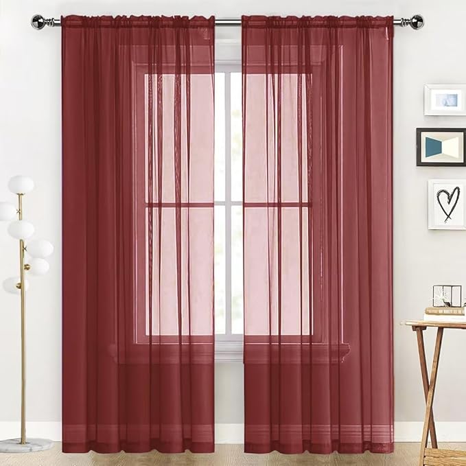 SpaceDresser Basic Rod Pocket Sheer Voile Window Curtain Panels Burgundy 1 Pair 2 Panels 52 Width 72 Inch Long for Kitchen Bedroom Children Living Room Yard(Burgundy,52 W x 72 L)